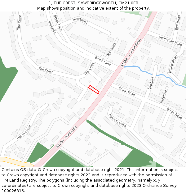 1, THE CREST, SAWBRIDGEWORTH, CM21 0ER: Location map and indicative extent of plot