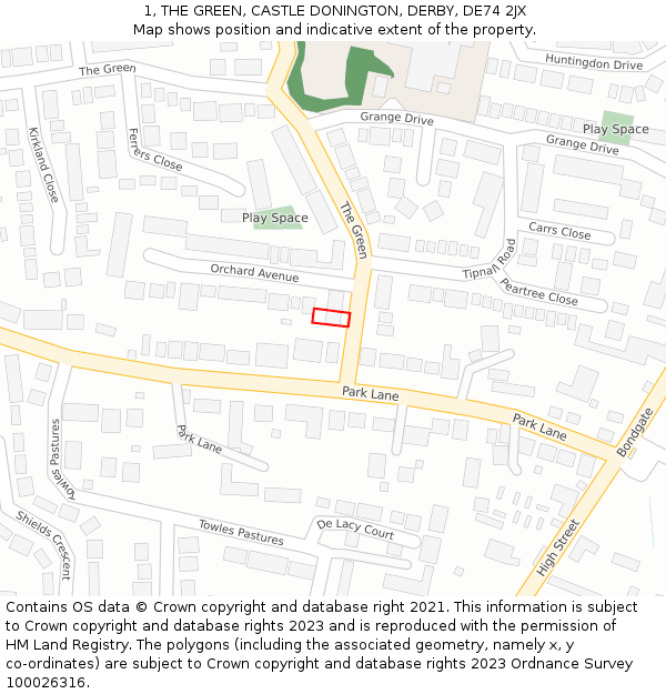 1, THE GREEN, CASTLE DONINGTON, DERBY, DE74 2JX: Location map and indicative extent of plot