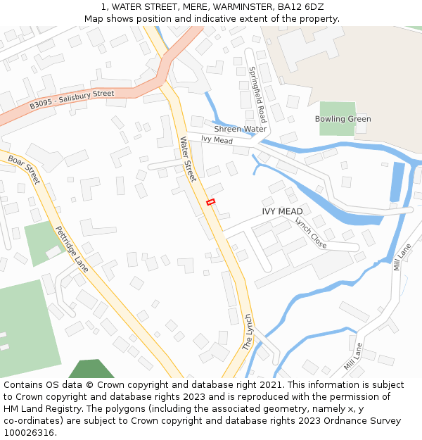 1, WATER STREET, MERE, WARMINSTER, BA12 6DZ: Location map and indicative extent of plot