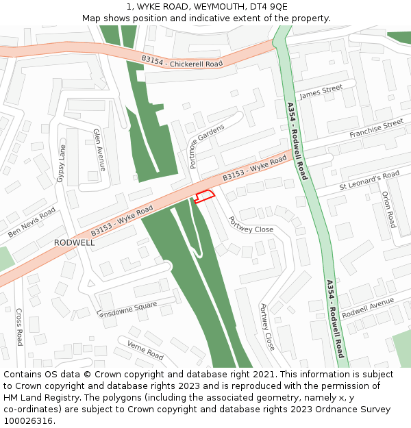 1, WYKE ROAD, WEYMOUTH, DT4 9QE: Location map and indicative extent of plot