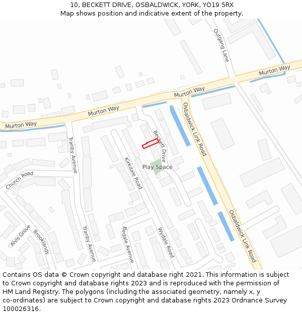 10, BECKETT DRIVE, OSBALDWICK, YORK, YO19 5RX: Location map and indicative extent of plot