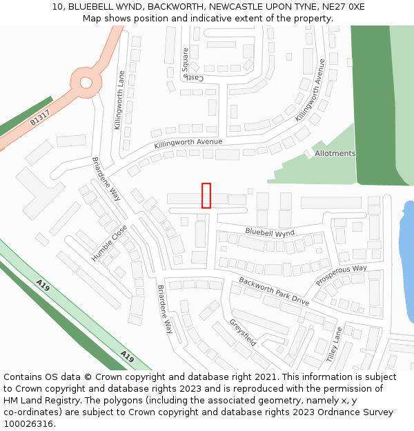 10, BLUEBELL WYND, BACKWORTH, NEWCASTLE UPON TYNE, NE27 0XE: Location map and indicative extent of plot