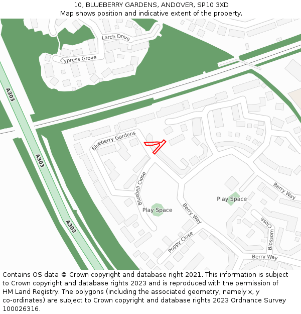 10, BLUEBERRY GARDENS, ANDOVER, SP10 3XD: Location map and indicative extent of plot