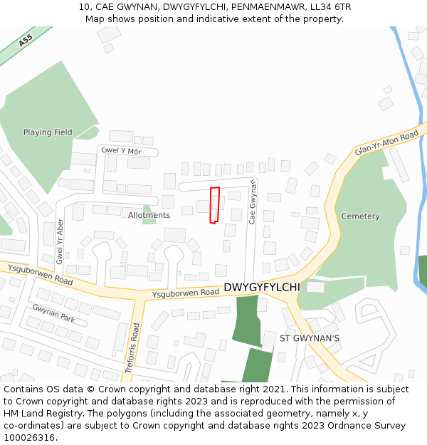 10, CAE GWYNAN, DWYGYFYLCHI, PENMAENMAWR, LL34 6TR: Location map and indicative extent of plot