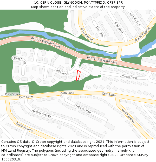 10, CEFN CLOSE, GLYNCOCH, PONTYPRIDD, CF37 3PR: Location map and indicative extent of plot