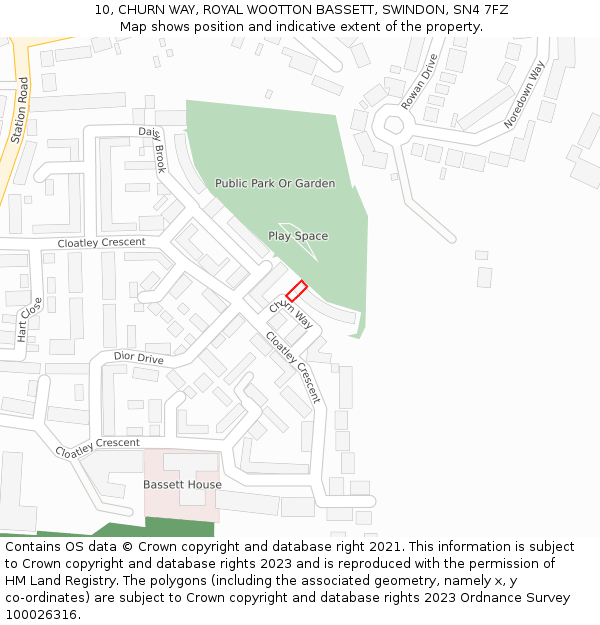 10, CHURN WAY, ROYAL WOOTTON BASSETT, SWINDON, SN4 7FZ: Location map and indicative extent of plot