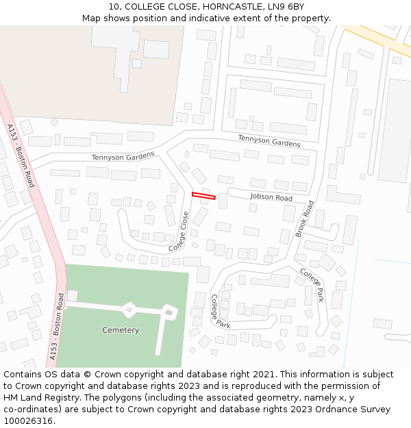 10, COLLEGE CLOSE, HORNCASTLE, LN9 6BY: Location map and indicative extent of plot