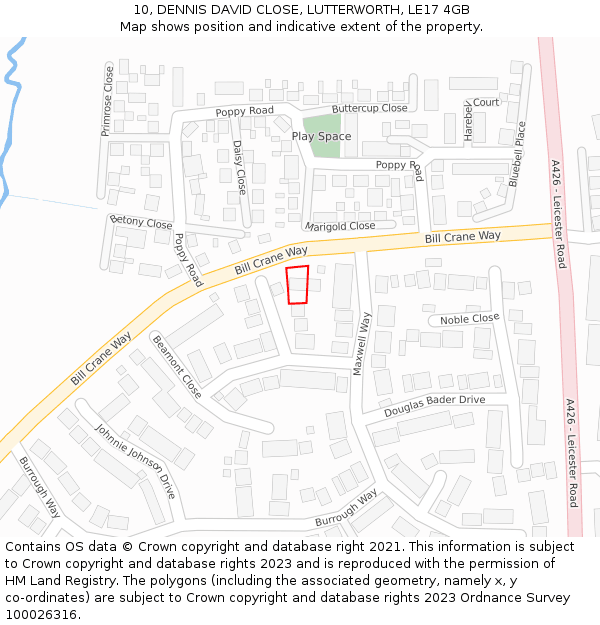 10, DENNIS DAVID CLOSE, LUTTERWORTH, LE17 4GB: Location map and indicative extent of plot