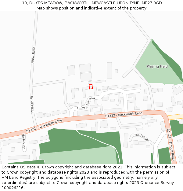 10, DUKES MEADOW, BACKWORTH, NEWCASTLE UPON TYNE, NE27 0GD: Location map and indicative extent of plot