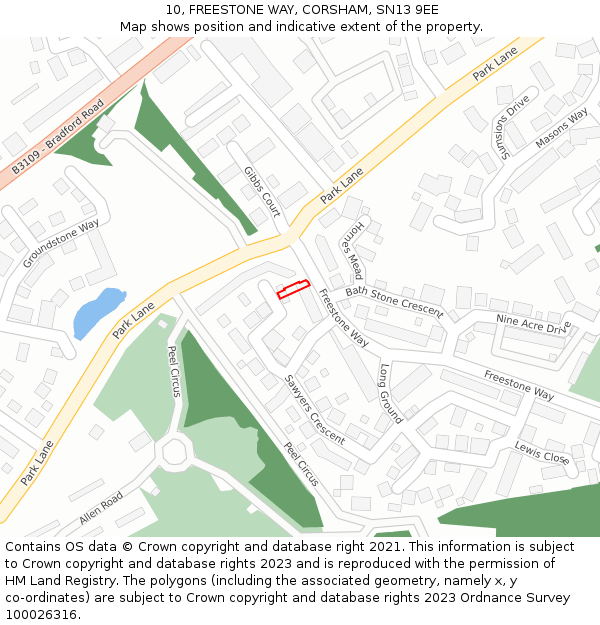 10, FREESTONE WAY, CORSHAM, SN13 9EE: Location map and indicative extent of plot