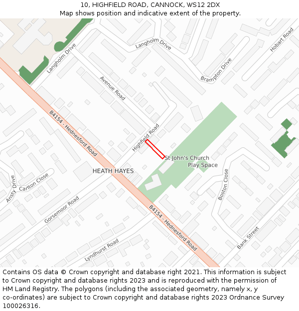 10, HIGHFIELD ROAD, CANNOCK, WS12 2DX: Location map and indicative extent of plot