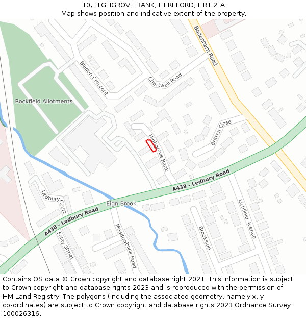 10, HIGHGROVE BANK, HEREFORD, HR1 2TA: Location map and indicative extent of plot