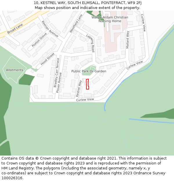 10, KESTREL WAY, SOUTH ELMSALL, PONTEFRACT, WF9 2FJ: Location map and indicative extent of plot