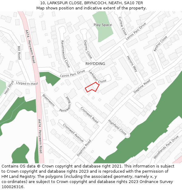 10, LARKSPUR CLOSE, BRYNCOCH, NEATH, SA10 7ER: Location map and indicative extent of plot