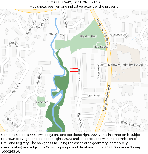10, MARKER WAY, HONITON, EX14 2EL: Location map and indicative extent of plot
