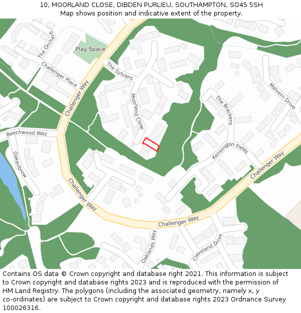 10, MOORLAND CLOSE, DIBDEN PURLIEU, SOUTHAMPTON, SO45 5SH: Location map and indicative extent of plot
