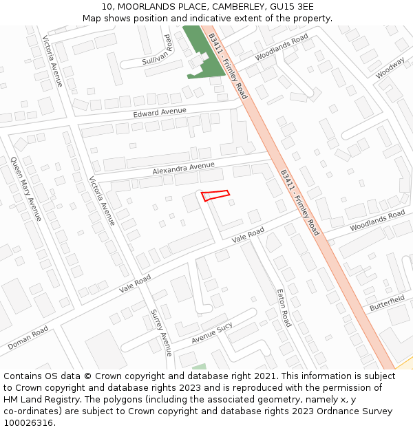 10, MOORLANDS PLACE, CAMBERLEY, GU15 3EE: Location map and indicative extent of plot