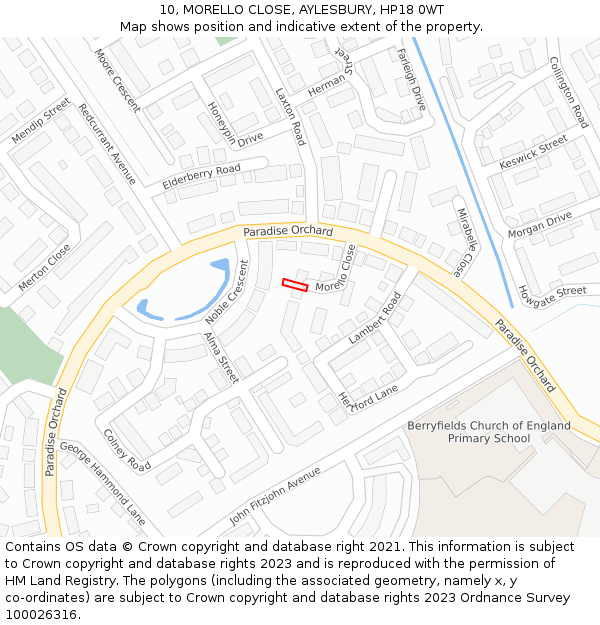 10, MORELLO CLOSE, AYLESBURY, HP18 0WT: Location map and indicative extent of plot