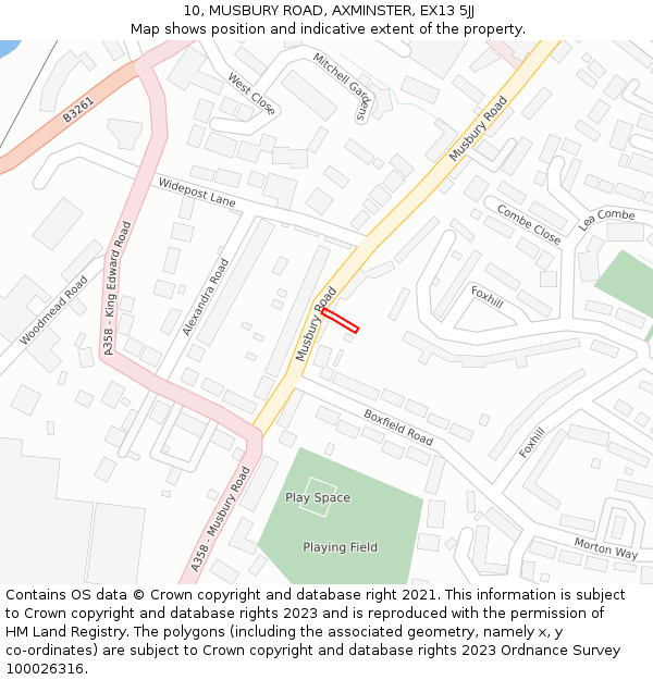10, MUSBURY ROAD, AXMINSTER, EX13 5JJ: Location map and indicative extent of plot