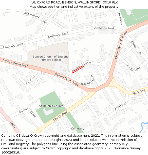 10, OXFORD ROAD, BENSON, WALLINGFORD, OX10 6LX: Location map and indicative extent of plot