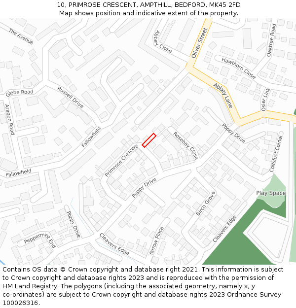 10, PRIMROSE CRESCENT, AMPTHILL, BEDFORD, MK45 2FD: Location map and indicative extent of plot