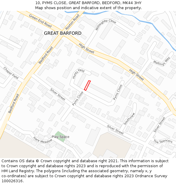10, PYMS CLOSE, GREAT BARFORD, BEDFORD, MK44 3HY: Location map and indicative extent of plot