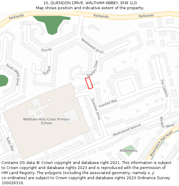 10, QUENDON DRIVE, WALTHAM ABBEY, EN9 1LG: Location map and indicative extent of plot