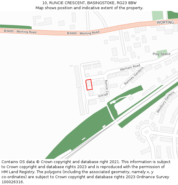 10, RUNCIE CRESCENT, BASINGSTOKE, RG23 8BW: Location map and indicative extent of plot