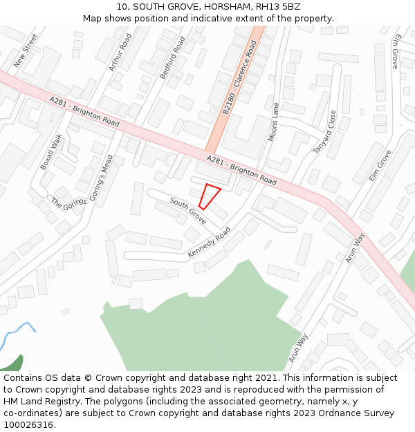 10, SOUTH GROVE, HORSHAM, RH13 5BZ: Location map and indicative extent of plot