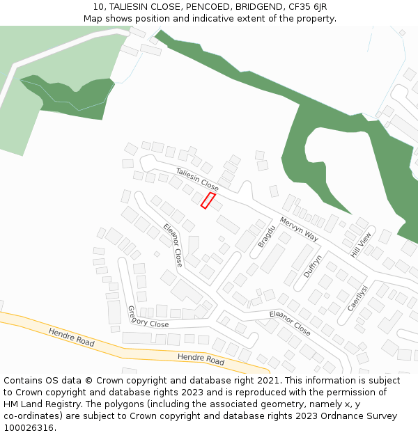 10, TALIESIN CLOSE, PENCOED, BRIDGEND, CF35 6JR: Location map and indicative extent of plot