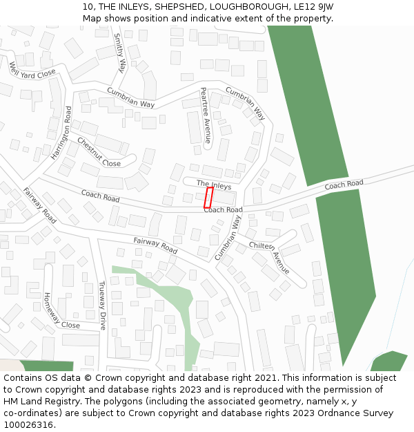 10, THE INLEYS, SHEPSHED, LOUGHBOROUGH, LE12 9JW: Location map and indicative extent of plot