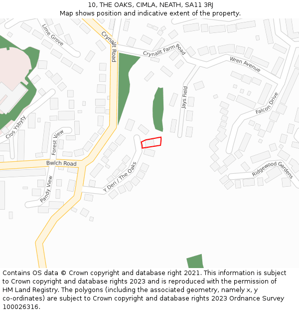 10, THE OAKS, CIMLA, NEATH, SA11 3RJ: Location map and indicative extent of plot