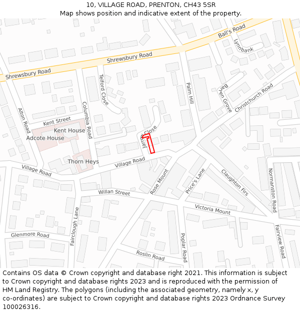 10, VILLAGE ROAD, PRENTON, CH43 5SR: Location map and indicative extent of plot