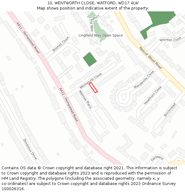 10, WENTWORTH CLOSE, WATFORD, WD17 4LW: Location map and indicative extent of plot