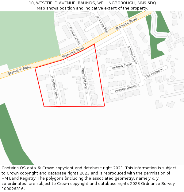 10, WESTFIELD AVENUE, RAUNDS, WELLINGBOROUGH, NN9 6DQ: Location map and indicative extent of plot