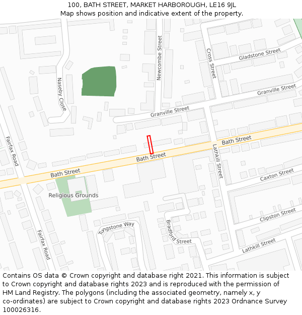 100, BATH STREET, MARKET HARBOROUGH, LE16 9JL: Location map and indicative extent of plot