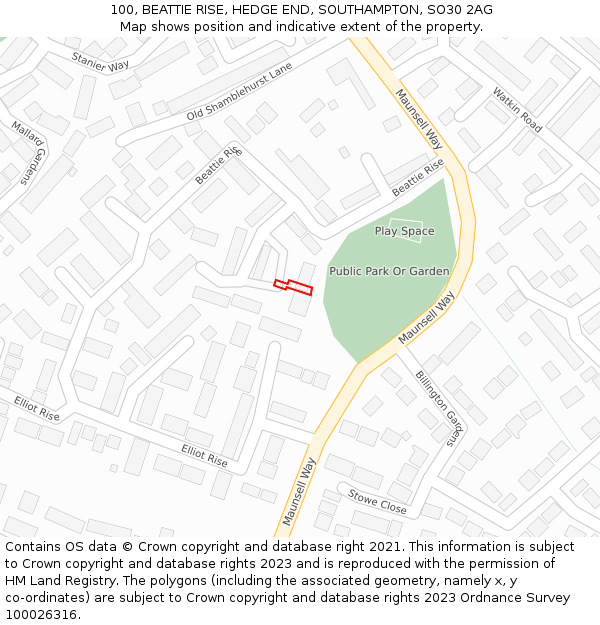 100, BEATTIE RISE, HEDGE END, SOUTHAMPTON, SO30 2AG: Location map and indicative extent of plot