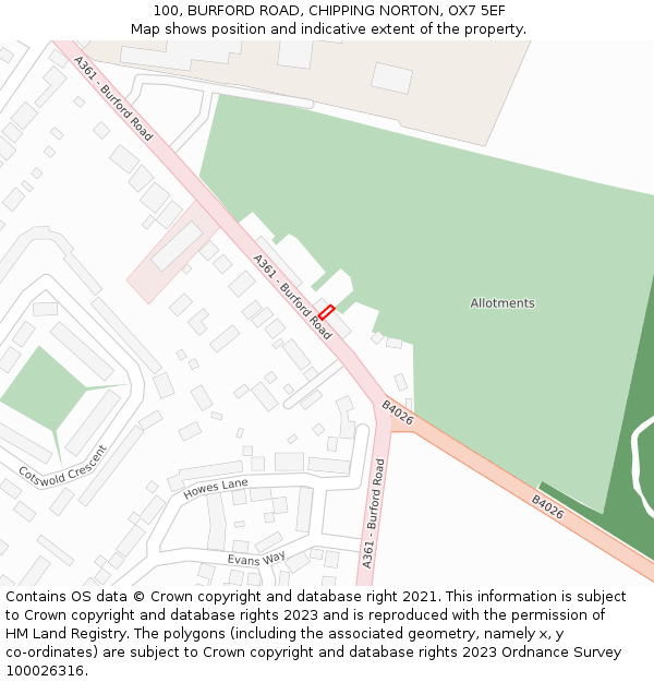 100, BURFORD ROAD, CHIPPING NORTON, OX7 5EF: Location map and indicative extent of plot