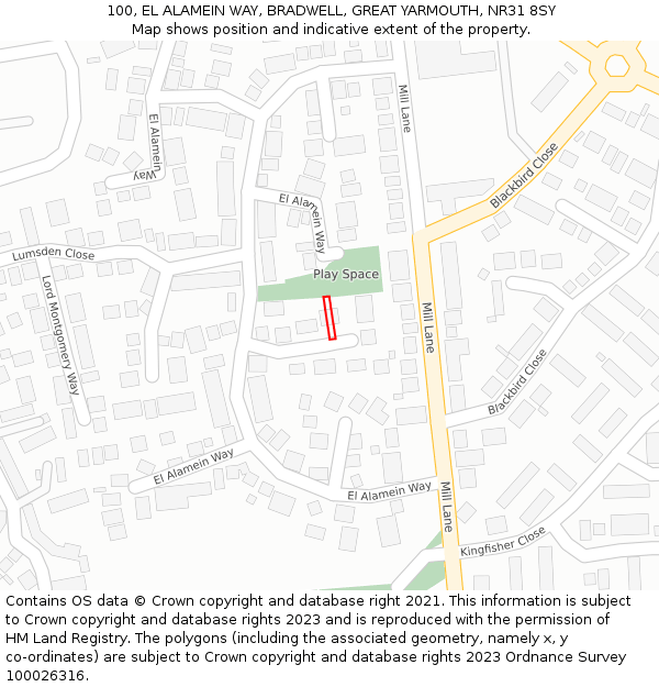 100, EL ALAMEIN WAY, BRADWELL, GREAT YARMOUTH, NR31 8SY: Location map and indicative extent of plot