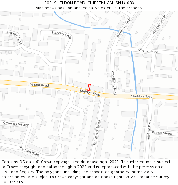 100, SHELDON ROAD, CHIPPENHAM, SN14 0BX: Location map and indicative extent of plot