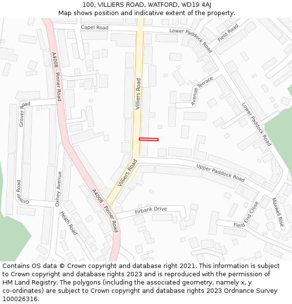 100, VILLIERS ROAD, WATFORD, WD19 4AJ: Location map and indicative extent of plot
