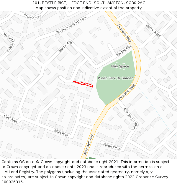 101, BEATTIE RISE, HEDGE END, SOUTHAMPTON, SO30 2AG: Location map and indicative extent of plot