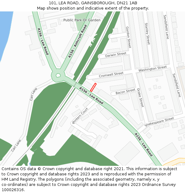 101, LEA ROAD, GAINSBOROUGH, DN21 1AB: Location map and indicative extent of plot