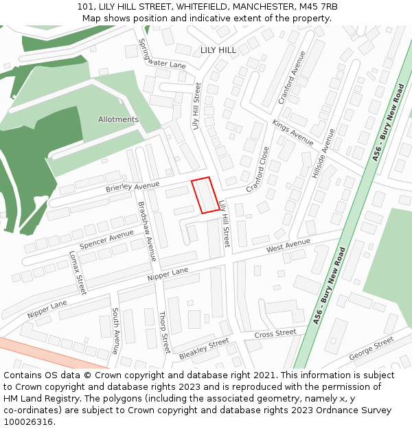 101, LILY HILL STREET, WHITEFIELD, MANCHESTER, M45 7RB: Location map and indicative extent of plot