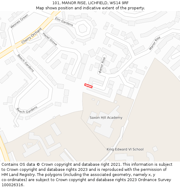101, MANOR RISE, LICHFIELD, WS14 9RF: Location map and indicative extent of plot