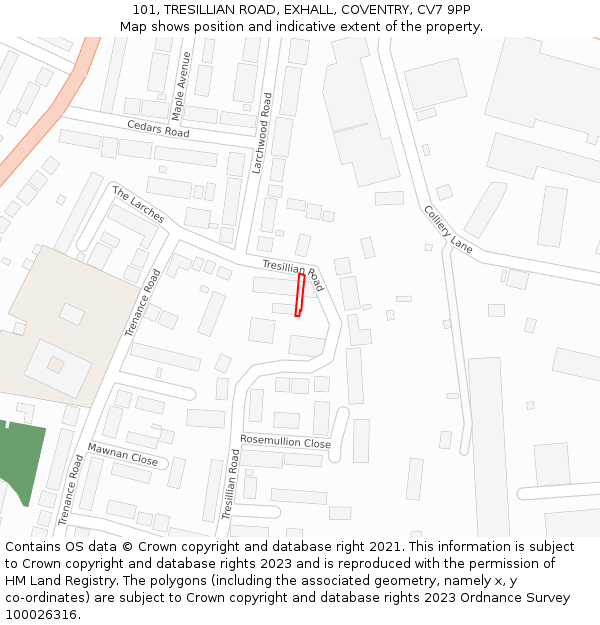 101, TRESILLIAN ROAD, EXHALL, COVENTRY, CV7 9PP: Location map and indicative extent of plot