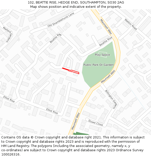 102, BEATTIE RISE, HEDGE END, SOUTHAMPTON, SO30 2AG: Location map and indicative extent of plot
