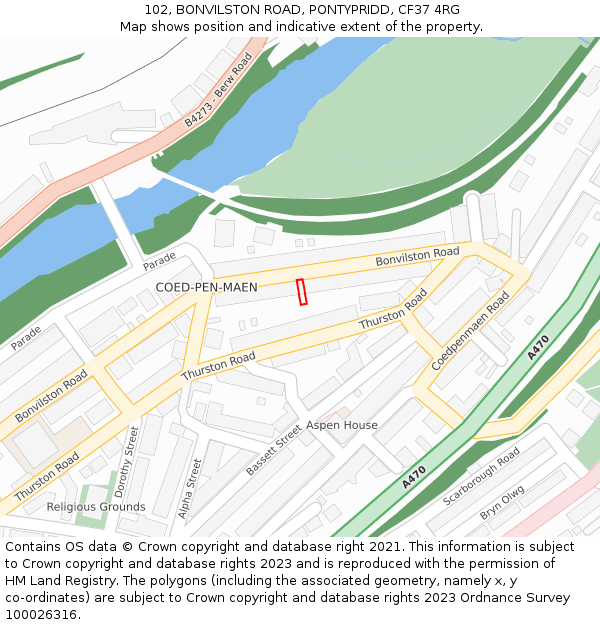 102, BONVILSTON ROAD, PONTYPRIDD, CF37 4RG: Location map and indicative extent of plot