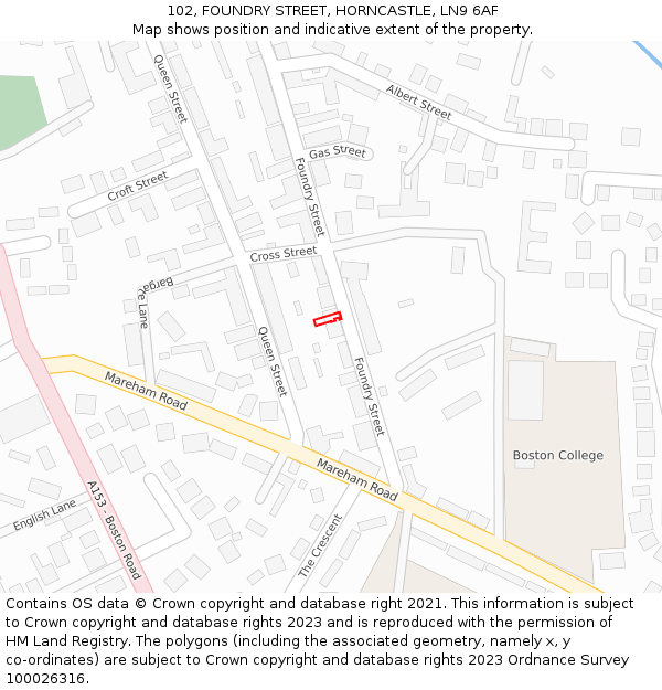 102, FOUNDRY STREET, HORNCASTLE, LN9 6AF: Location map and indicative extent of plot