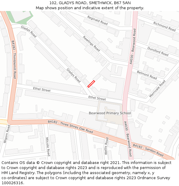 102, GLADYS ROAD, SMETHWICK, B67 5AN: Location map and indicative extent of plot